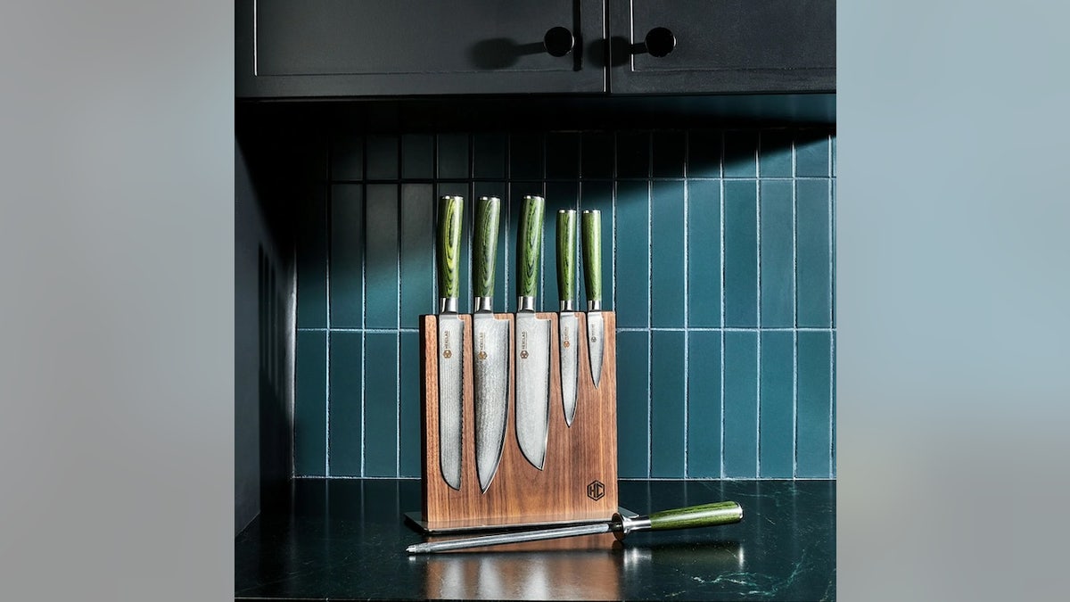Crafted from steel and pakkawood, these knives make a gorgeous addition to any kitchen.