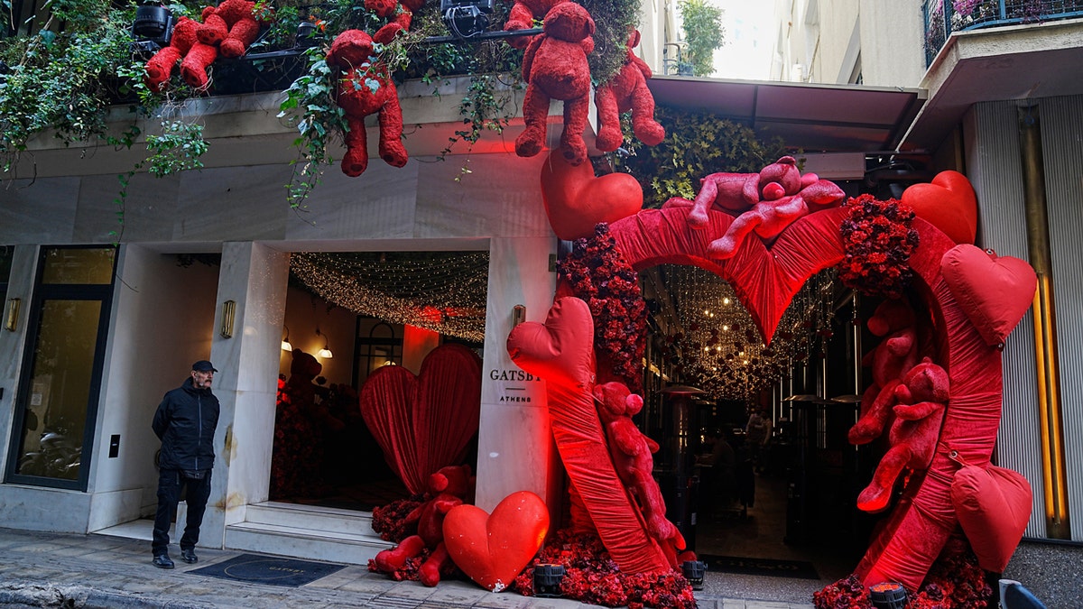 Decorations hanging on a hotel building in Athens.