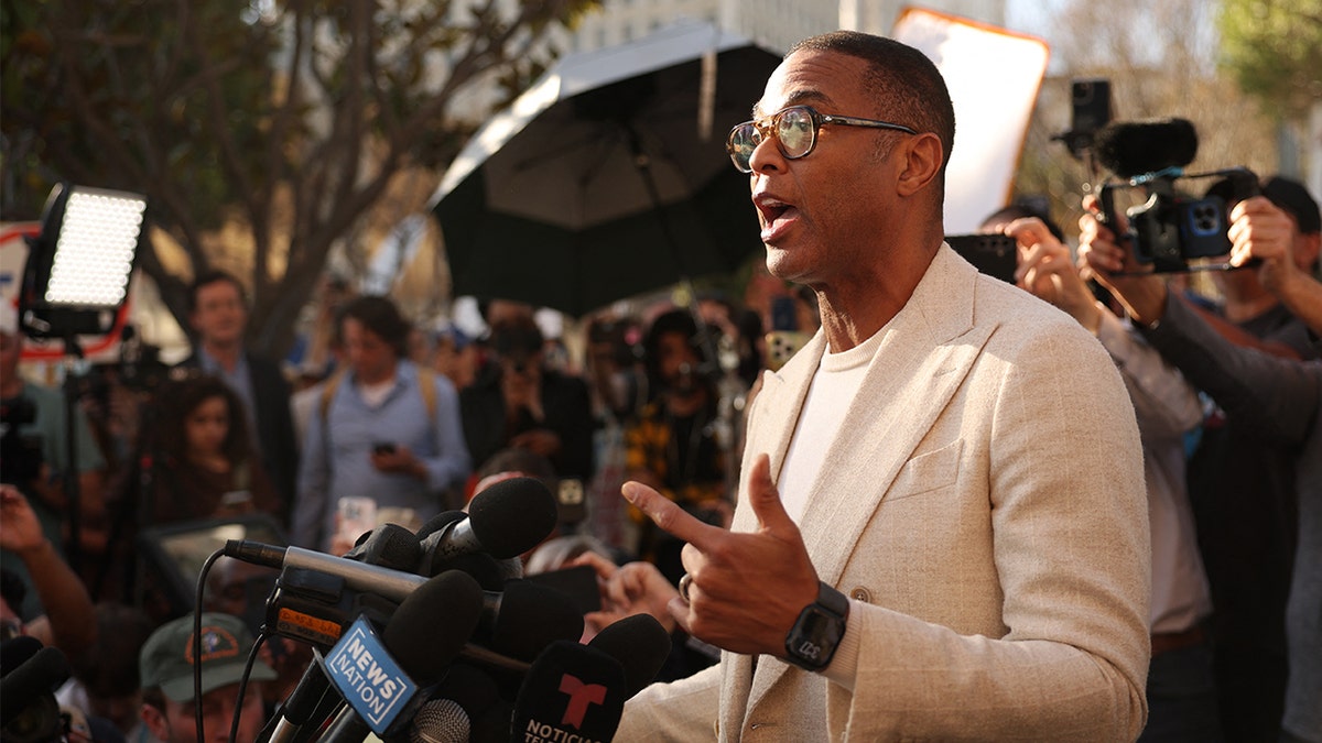 Former CNN anchor and journalist Don Lemon speaks to the media after a hearing at the Edward R. Roybal Federal Courthouse in Los Angeles on January 30, 2026. The Trump administration charged Lemon with civil rights crimes over coverage of immigration protests. (Patrick T. Fallon / AFP via Getty)