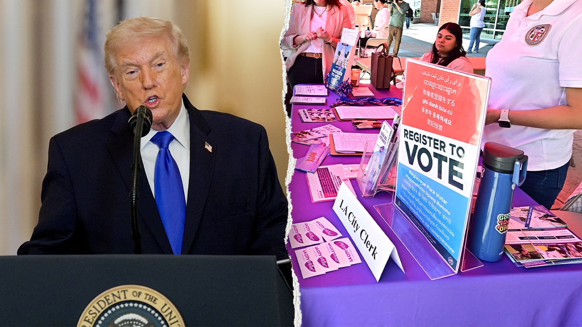 Presidente Donald Trump, à esquerda, próximo a uma cabine de registro eleitoral, na foto à direita