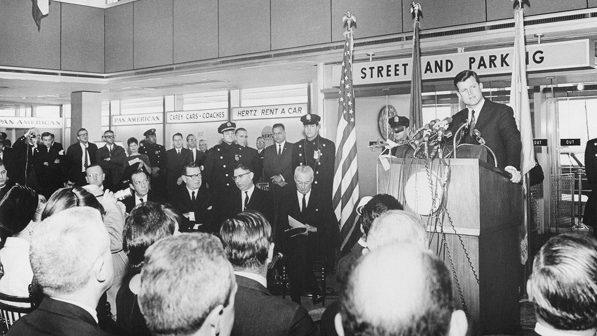 Senator Edward F. Kennedy speaks astatine  Christmas Eve ceremonial  renaming New York International Airport successful  tribute to the precocious   John F. Kennedy.
