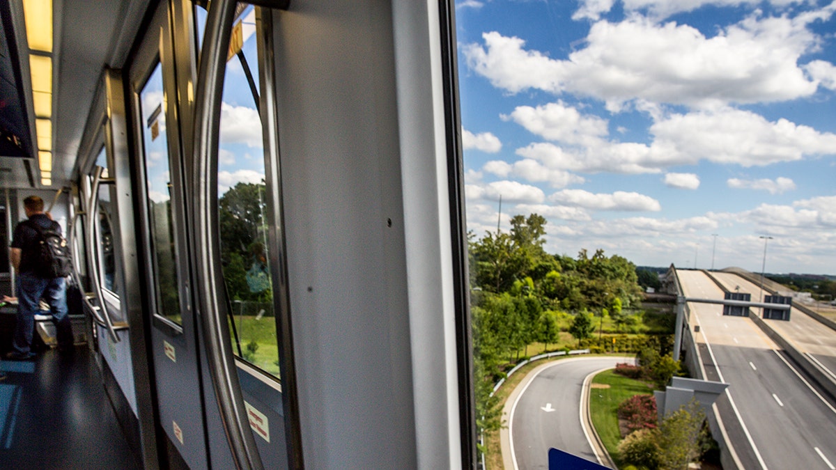 The interior of a transit vehicle.