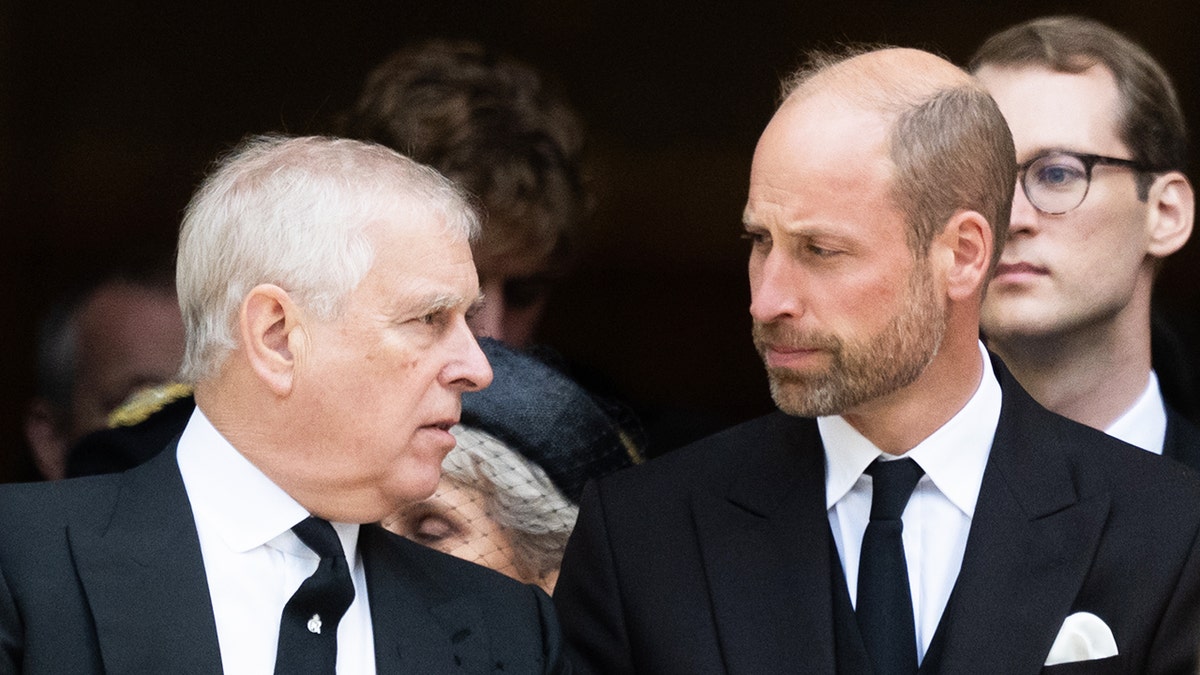 Ex-Prince Andrew and Prince William looking serious as they face each other in mid conversation wearing dark suits.