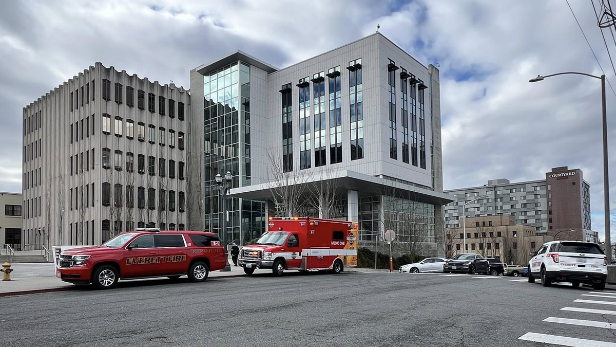 Everett Fire Department vehicles respond to reported fentanyl exposure at Snohomish County Courthouse in Everett, Washington