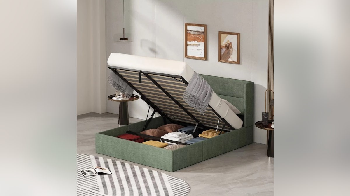 This soft bedframe comes loaded with storage space.