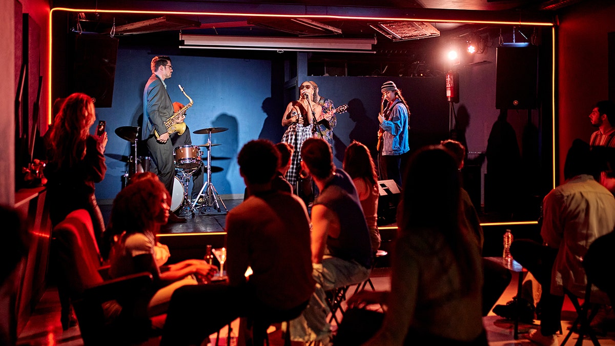 View from behind low-lit audience at dive bar with focus on singer, saxophonist, bass guitarist and drummer on stage.