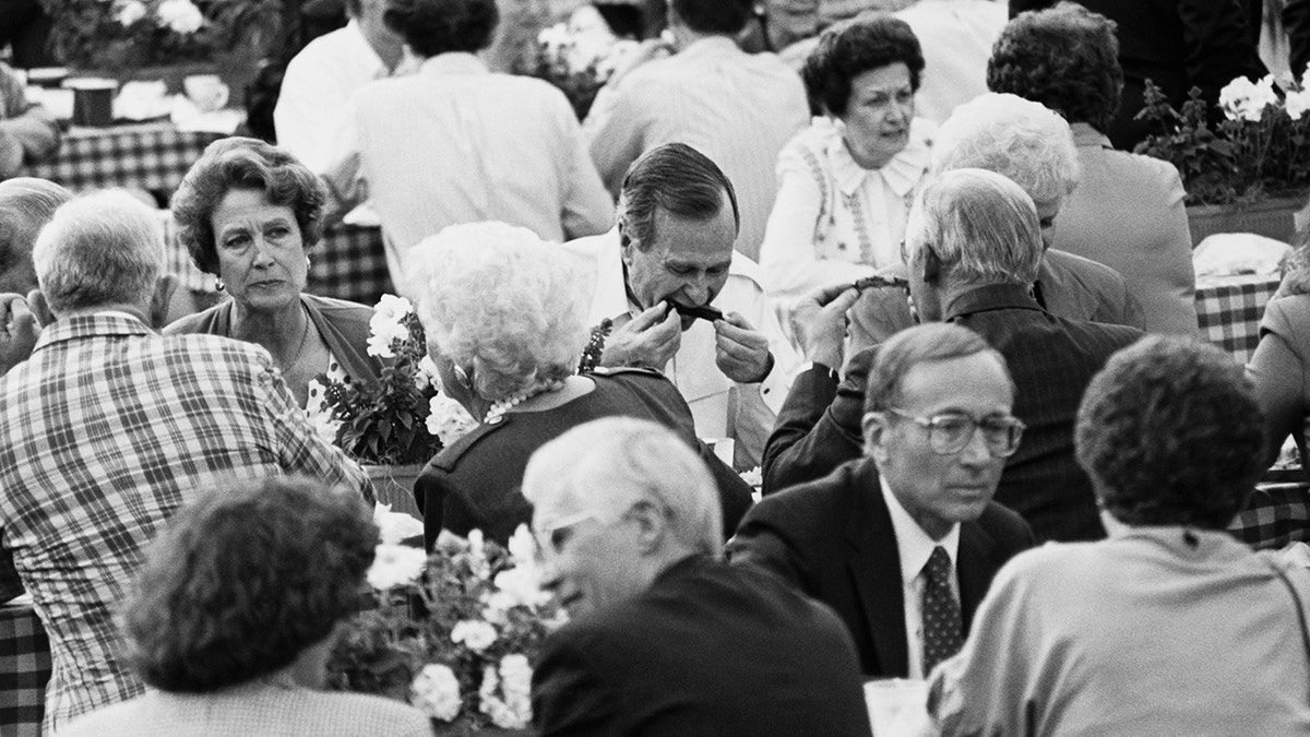 President George H.W. Bush seen eating ribs at outdoor picnic in 1992.