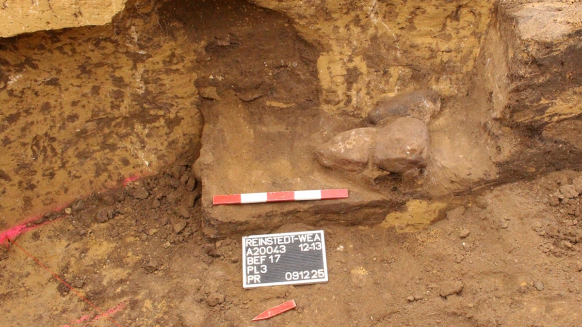 Image of excavation site with placards