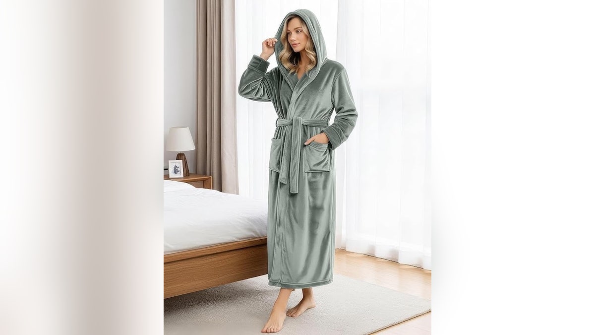 This robe is extra-long and hooded.