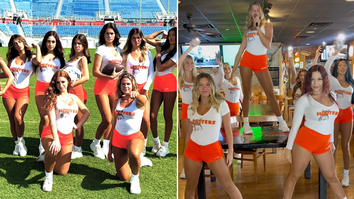 Hooters girls pose on a football field, left, and inside the restaurant, right.