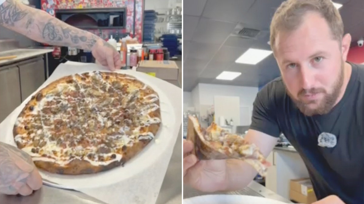 A pizza made with iguana meat toppings, left. Ryan Izquierdo, right, prepares to take the first bite.