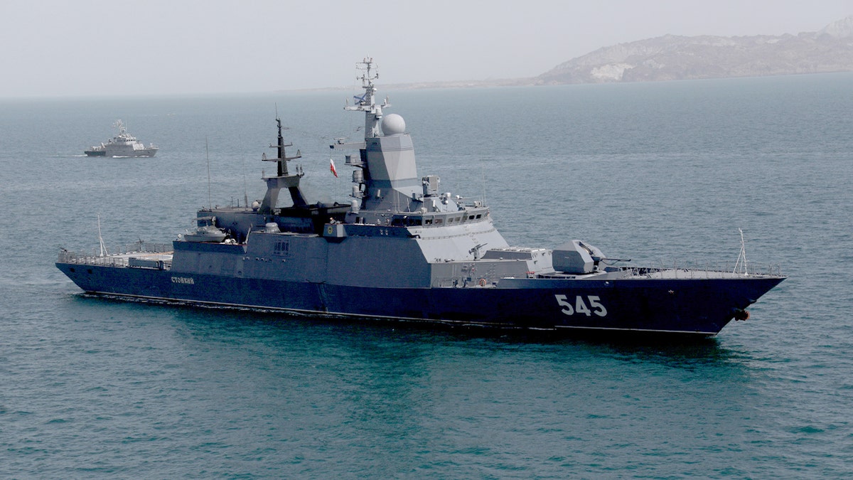 Iranian and Russian naval vessels take part in a maritime drill near the Strait of Hormuz.