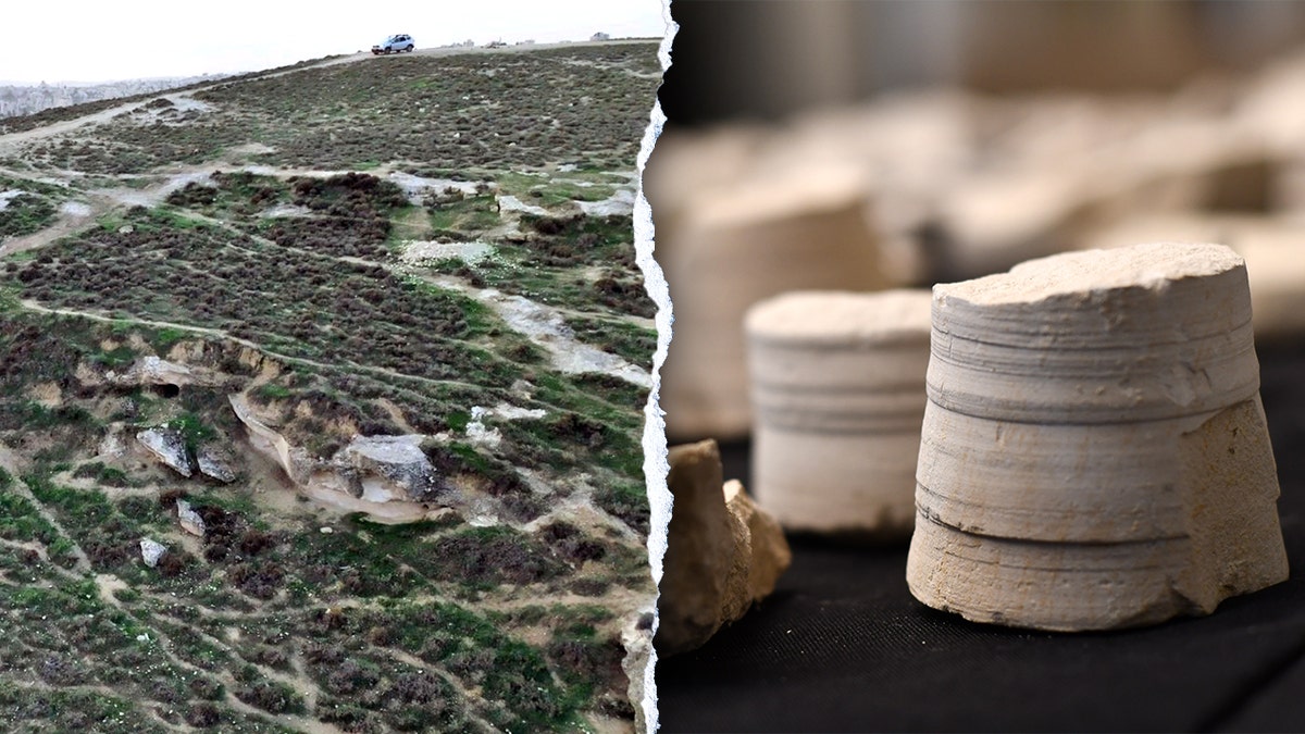 Aerial view of cave, artifacts