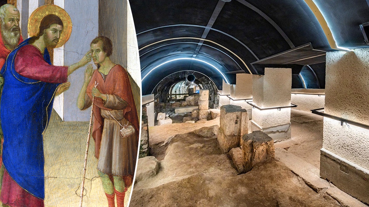 Split image of Jesus at Pool of Siloam, interior of road