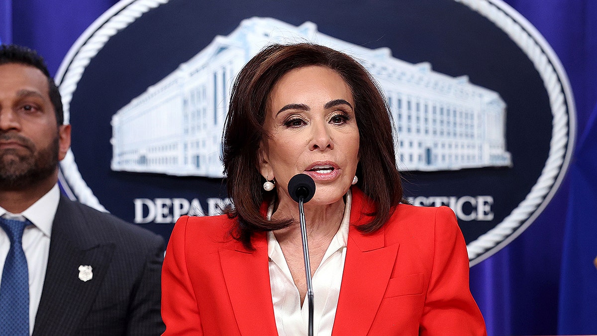 U.S. Attorney Jeanine Pirro speaking at the Department of Justice in Washington, D.C.