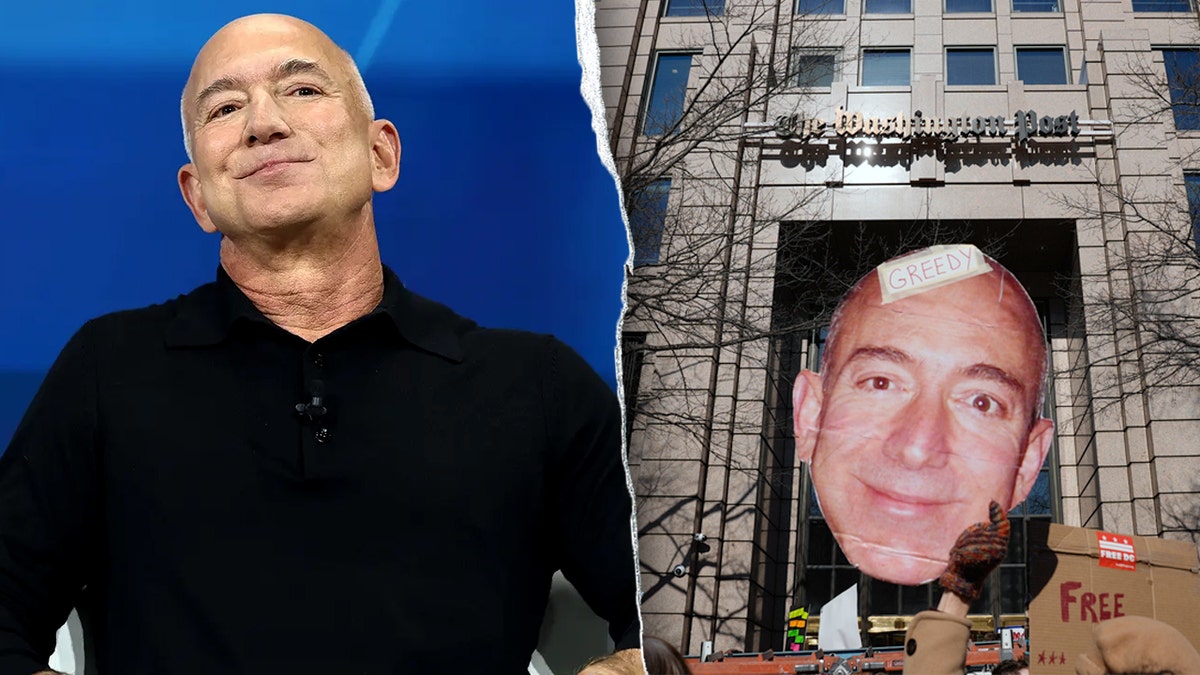 Split of Jeff Bezos and a protest outside the WaPo building