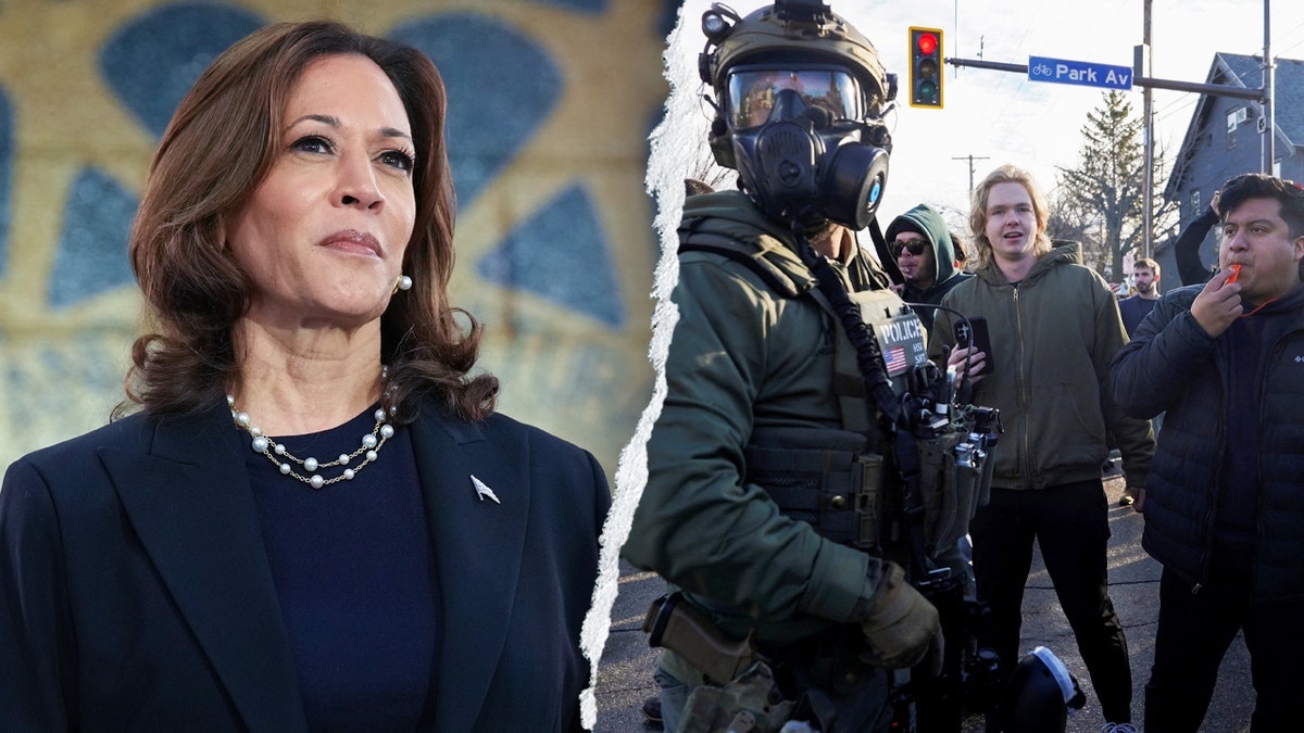 Ex-vice-presidente Kamala Harris e manifestantes em Minneapolis