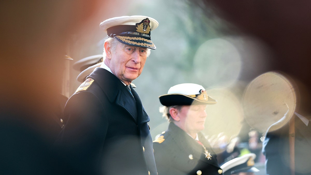 King Charles in uniform looking ahead in England.