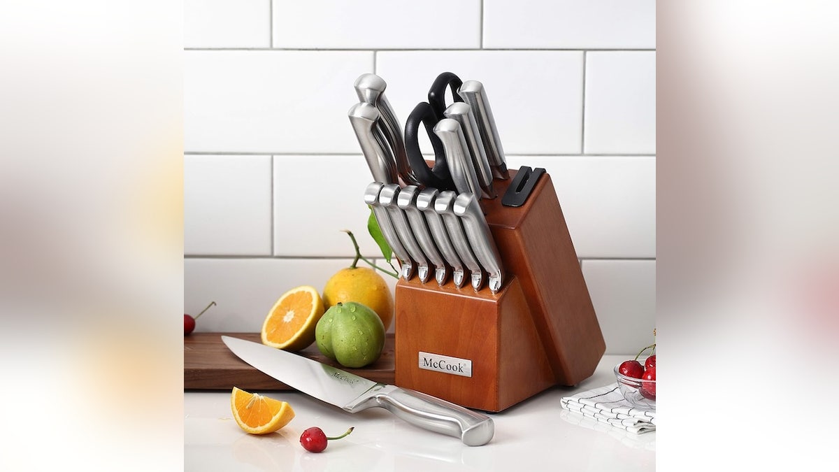 A built-in sharpener in the butcher block keeps your knives sharp.