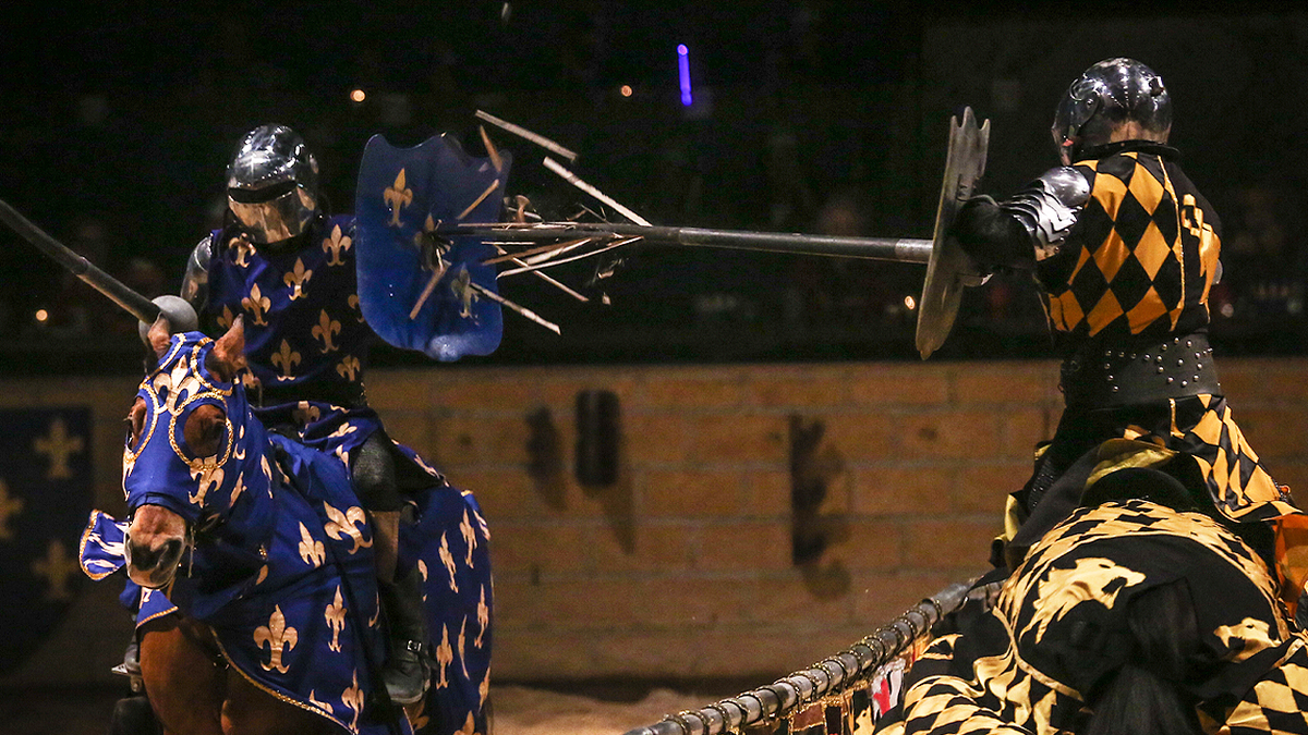 Knights joust at the "Medieval Times" in Lyndhurst County, New Jersey, put on five days a week in a building inspired by the castles of medieval Europe, bringing the history of the city kingdoms of 11th century Spain to the stage in North America on Jan. 4, 2015.