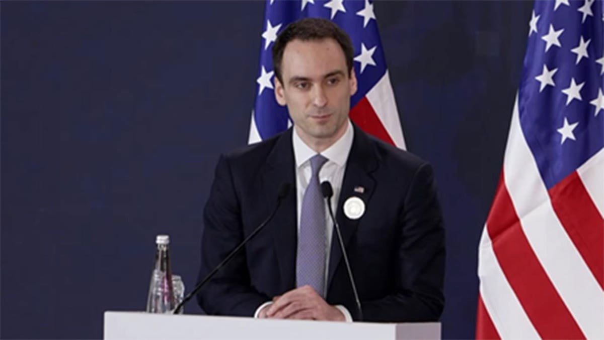 Michael Kratsios, assistant to the president and director of the White House Office of Science and Technology Policy, speaks at the India AI Impact Summit in New Delhi on Feb. 21, 2026.