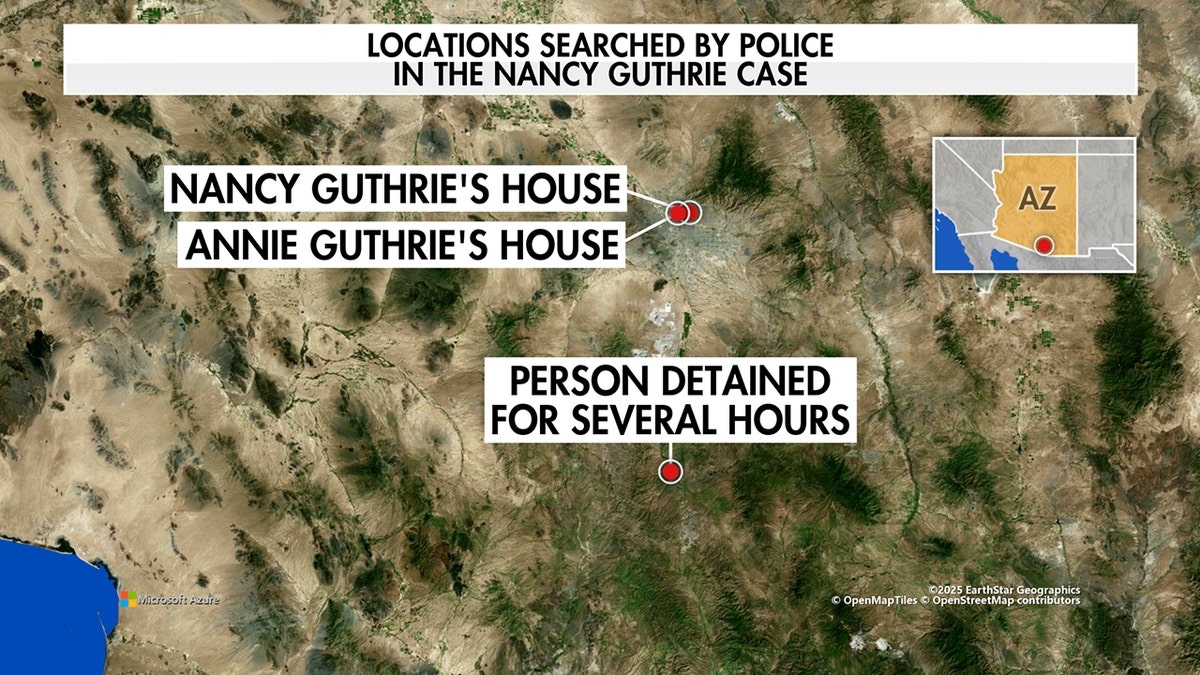 Mapa pokazuje miejsca poszukiwań w sprawie Nancy Guthrie