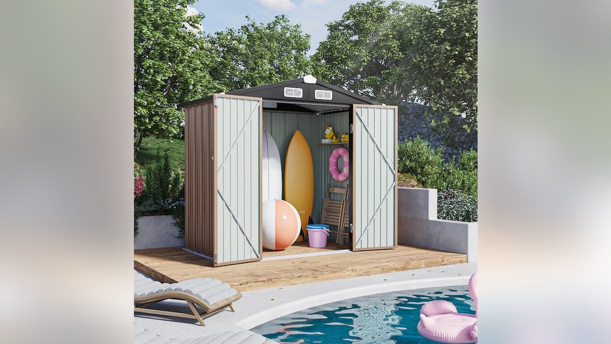 Keep tools and outdoor gear protected in this steel shed.