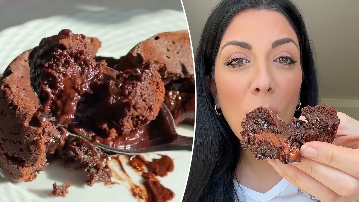Immagine divisa della torta di lava, Danielle che mangia cioccolato