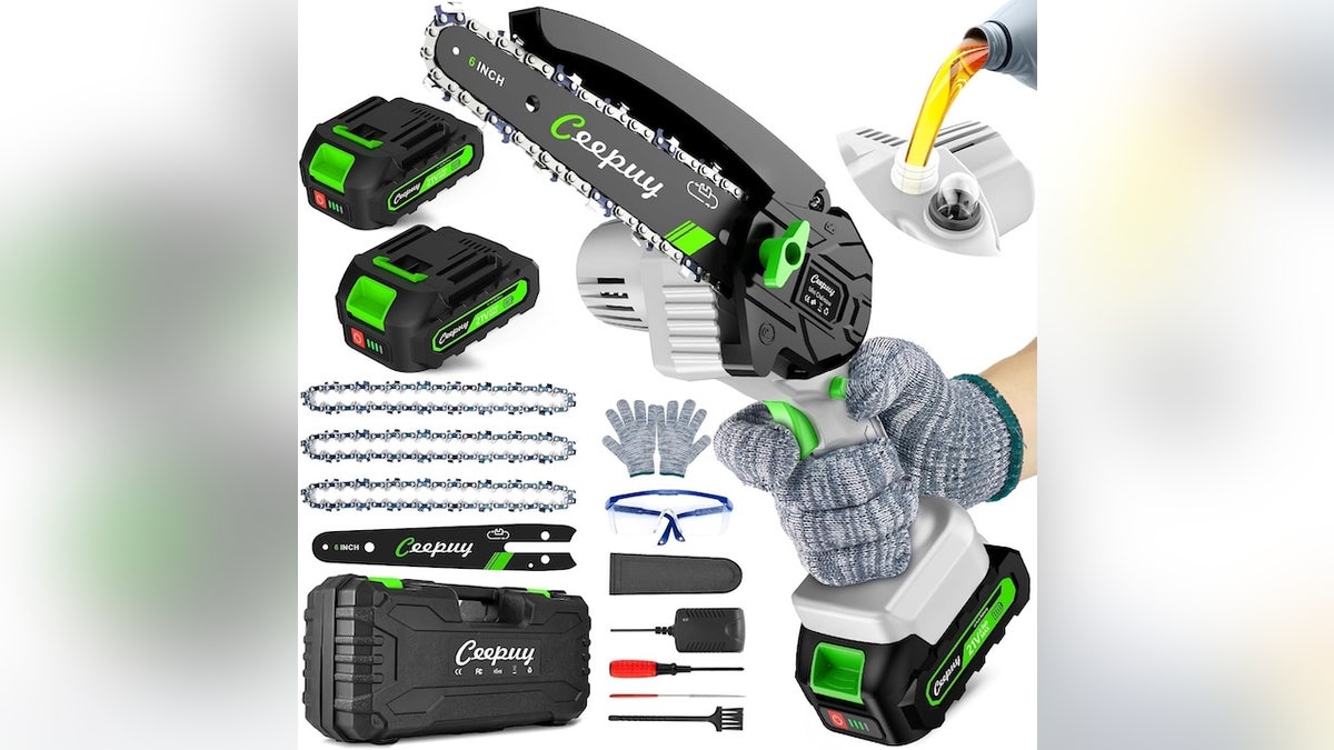 The kit has everything you need to run the mini chainsaw safely and effectively.