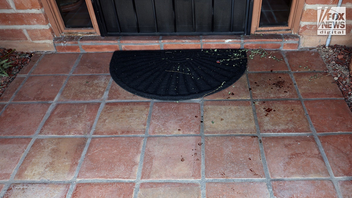 Close-up of Nancy Guthrie's porch in Tucson, Arizona, showing several red droplets.