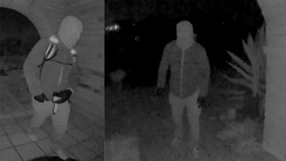 a split image with each side showing am asked man in gloves on nancy guthrie's porch