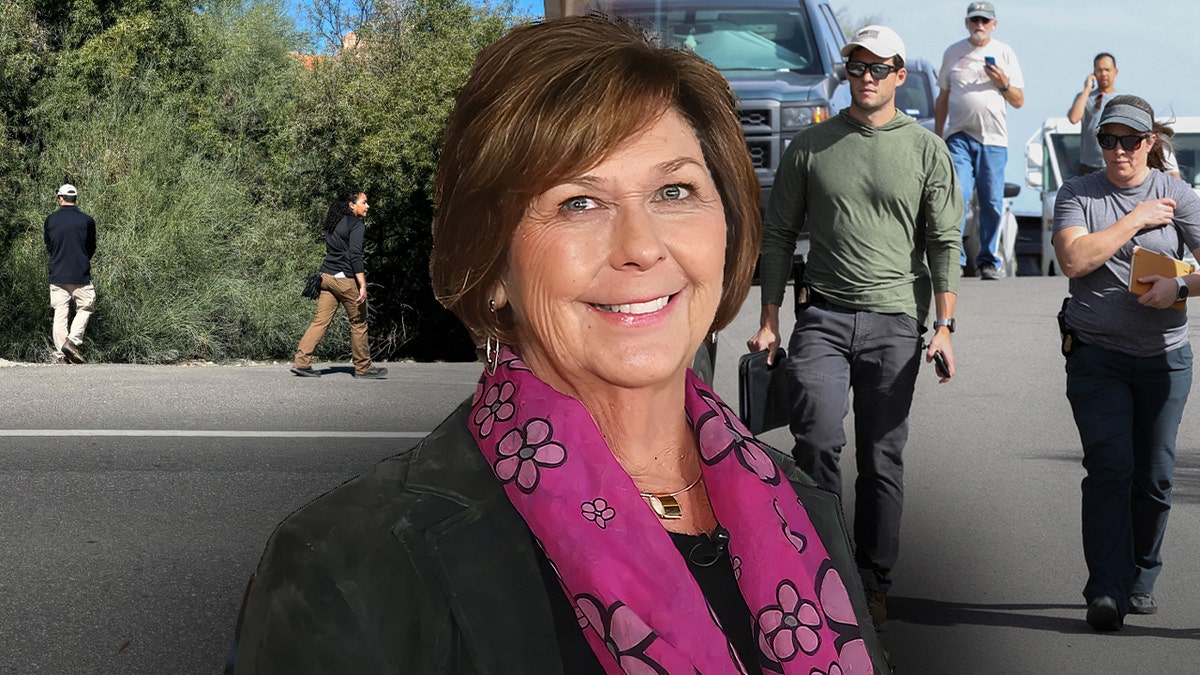 Nancy Guthrie's photograph  overlayed with investigators searching brushwood  adjacent   her Arizona house