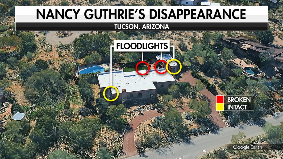 Overhead graphic indicating floodlights in Nancy Guthrie's home