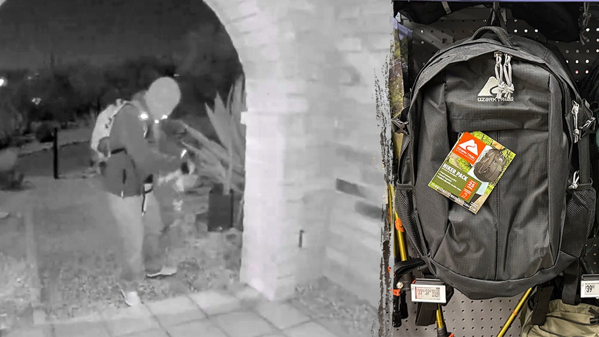 Una foto divisa del sospettato vista nel video di sorveglianza e nello zaino che gli investigatori stanno cercando