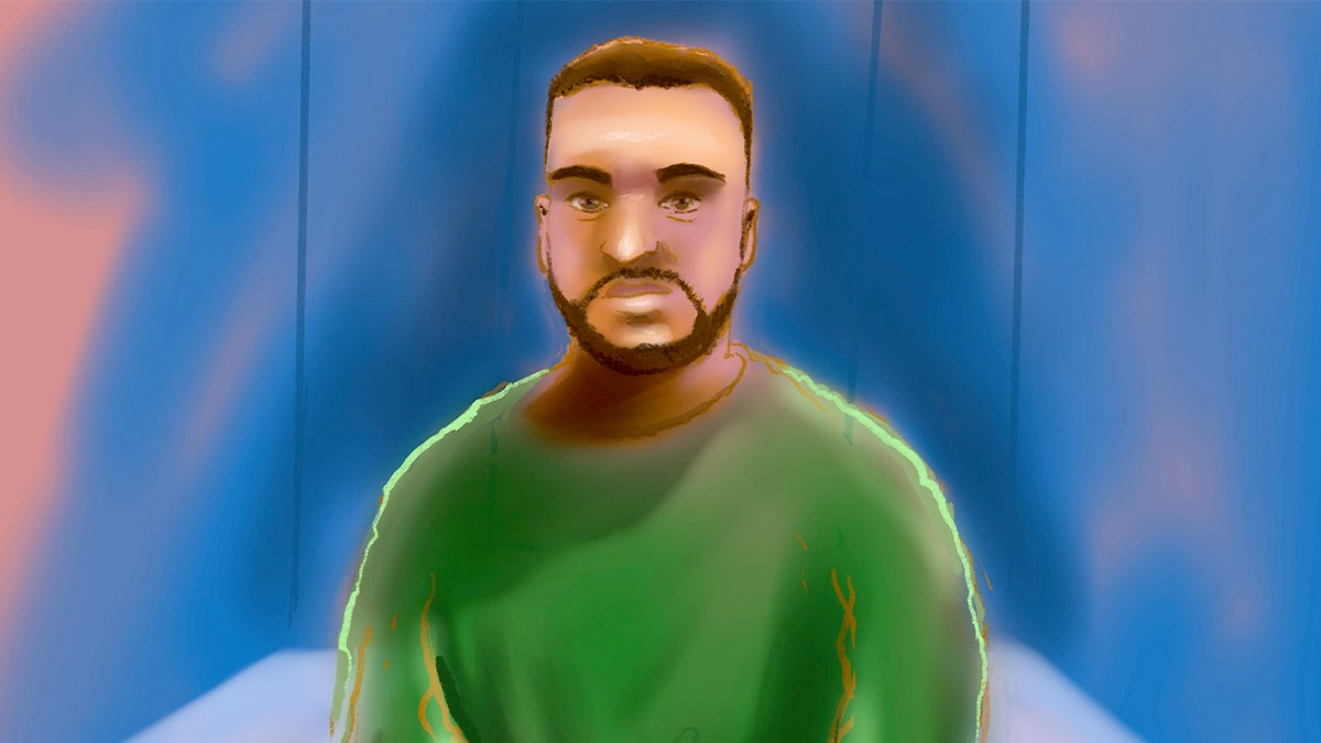 Courtroom illustration shows a man on a video screen from a high-security prison addressing a Sydney magistrate during legal proceedings.