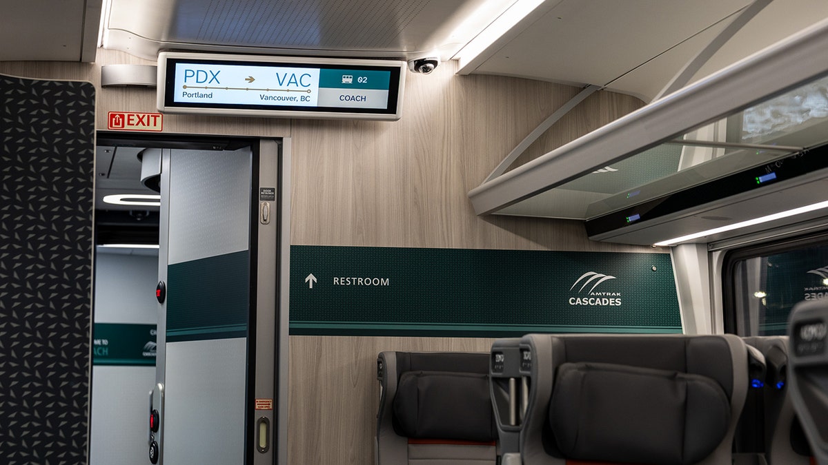 Inside of new Amtrak Airo trains, and the digital screens that will show route information.