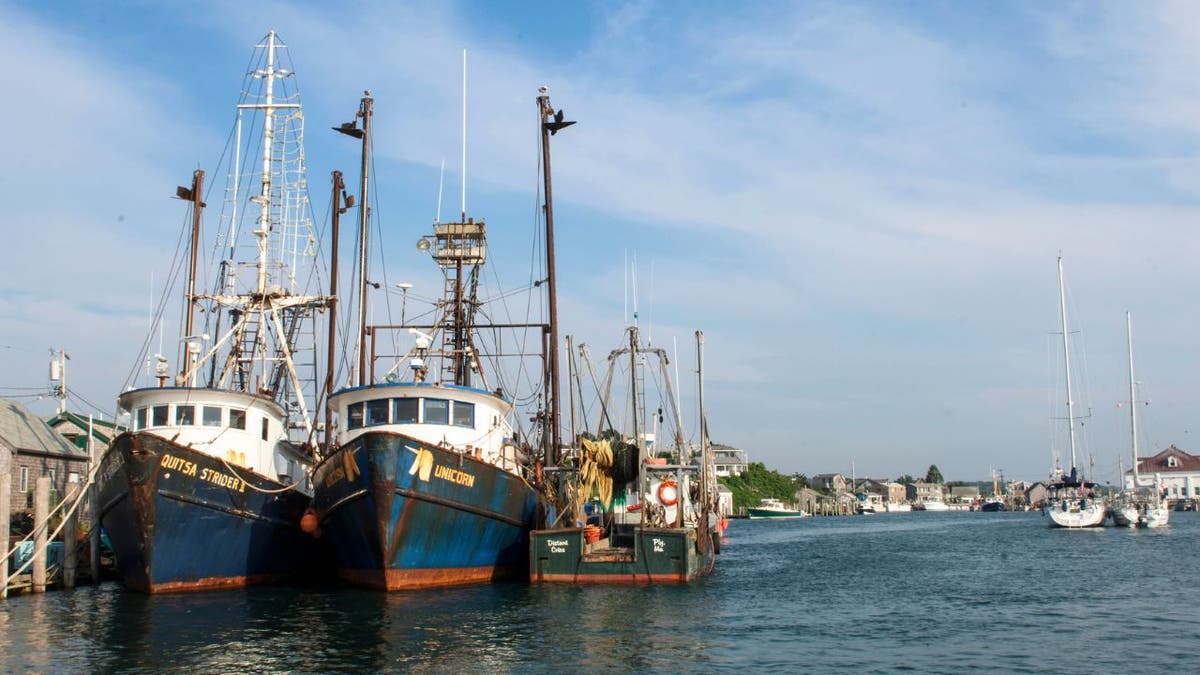 Commercial fishing boats docked at a harbor in Menemsha on Martha’s Vineyard, Massachusetts.