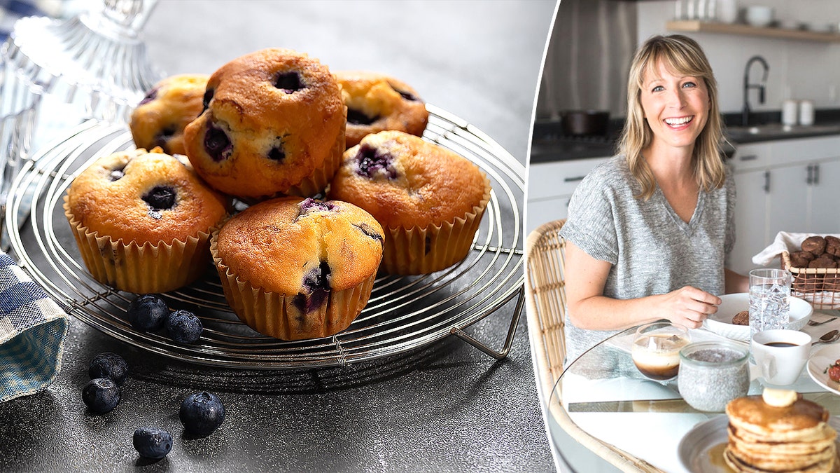 Blueberry muffins next to Suzanne headshot