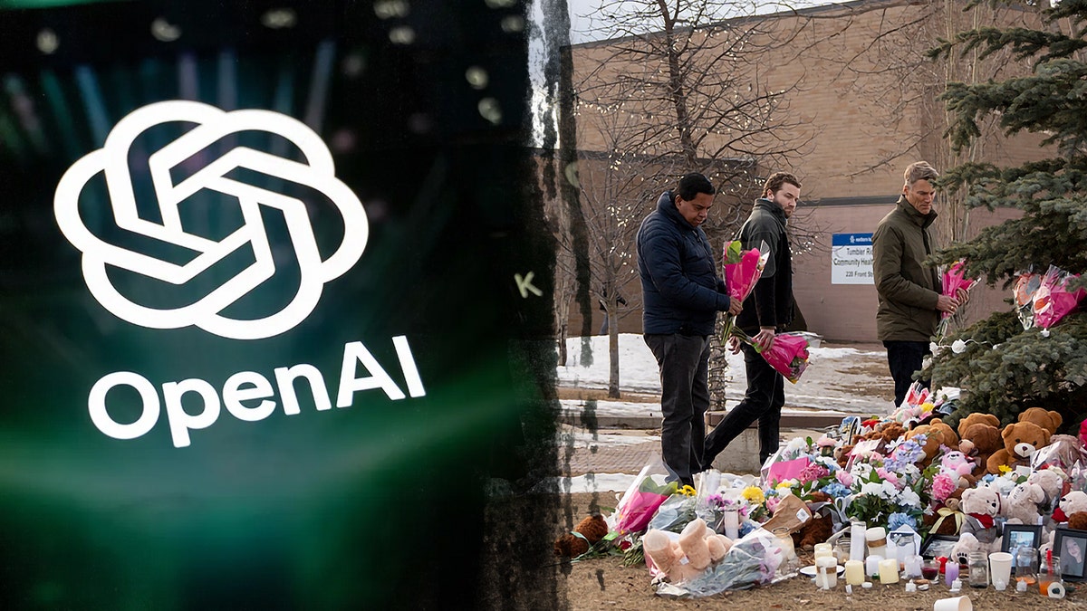 OpenAI logo next to grieving parents at Tumbler Ridge Secondary School