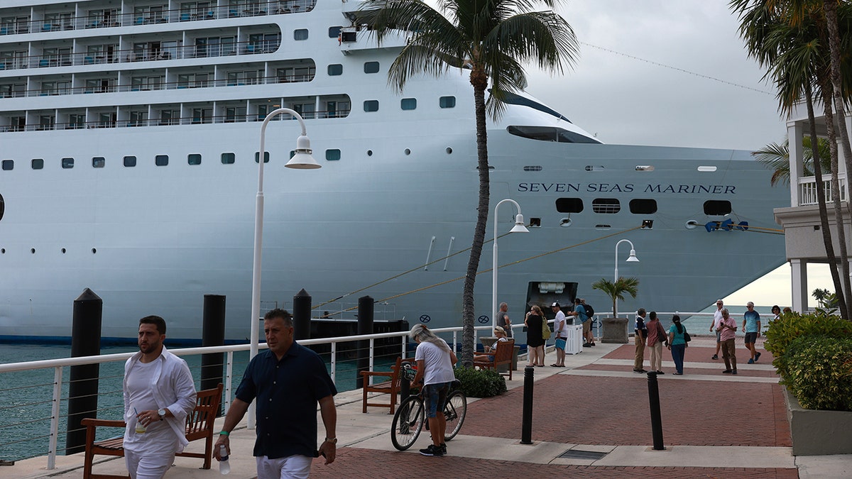 Seven Seas Mariner cruise ship docked at port with passengers walking along the waterfront