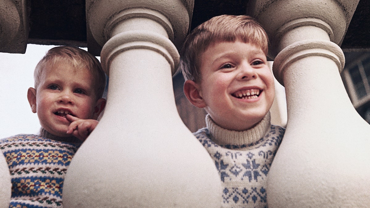 Prince Edward and Prince Andrew smiling for the camera through the banisters.