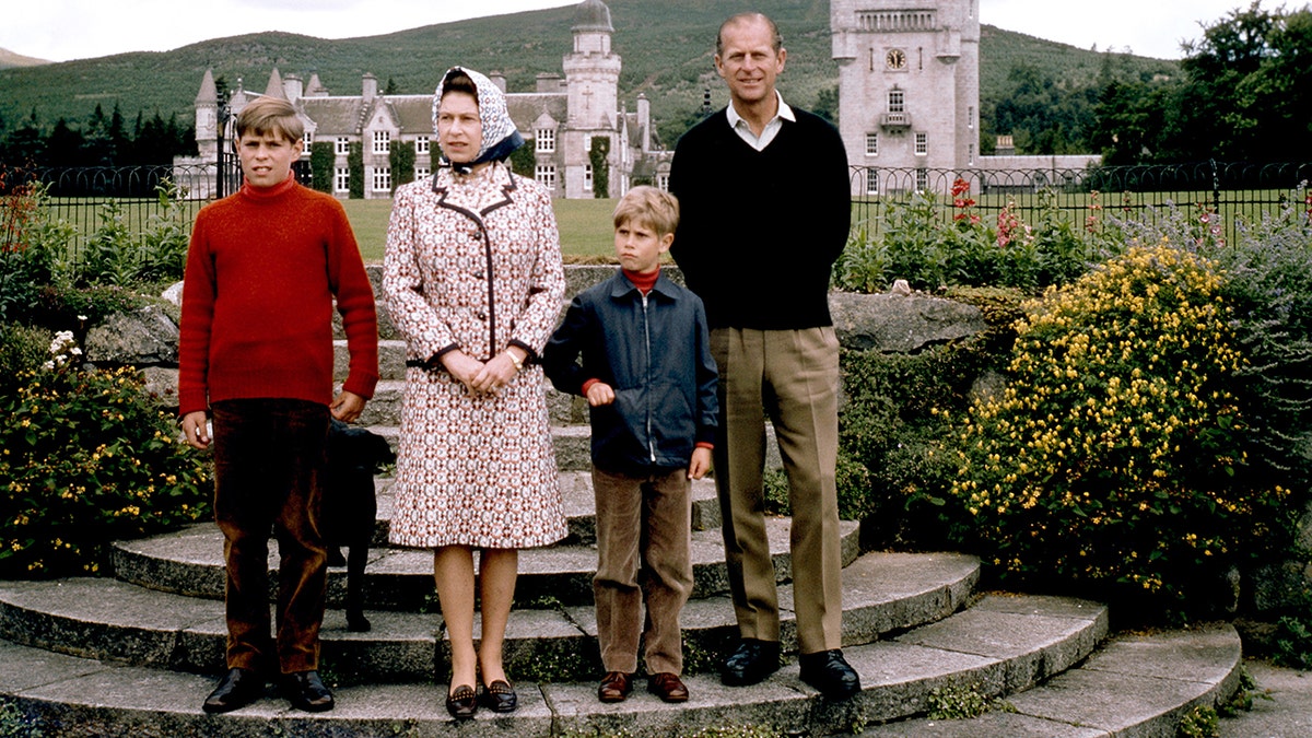 Prince Edward, Prince Andrew, Queen Elizabeth and Prince Philip outside Balmoral Castle in 1972.
