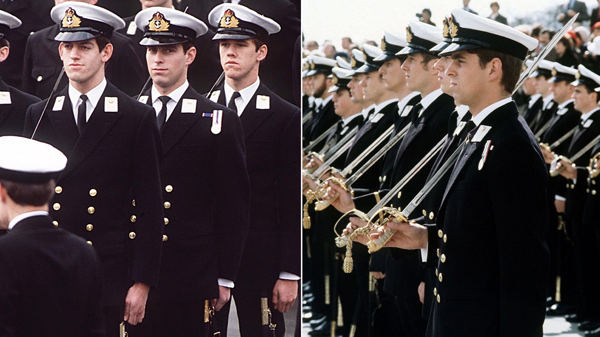 A split of Prince Andrew in line with other students while at a parade at his military school in 1980.