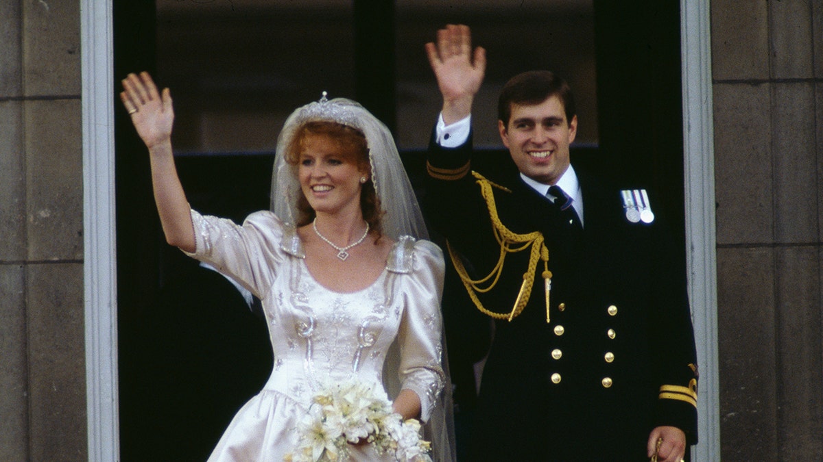 Sarah Ferguson and Prince Andrew waving to the crowd on their wedding day in 1986.