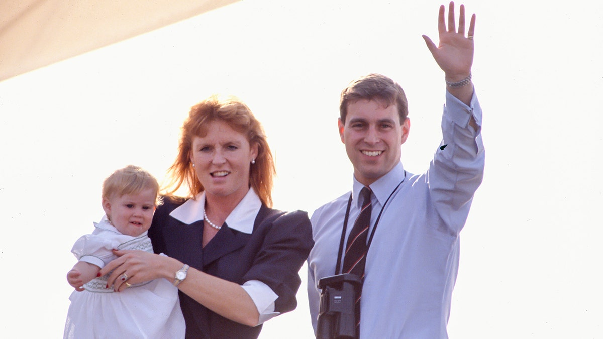 Prince Andrew and Sarah Ferguson with their daughter traveling to Balmoral in 1989.