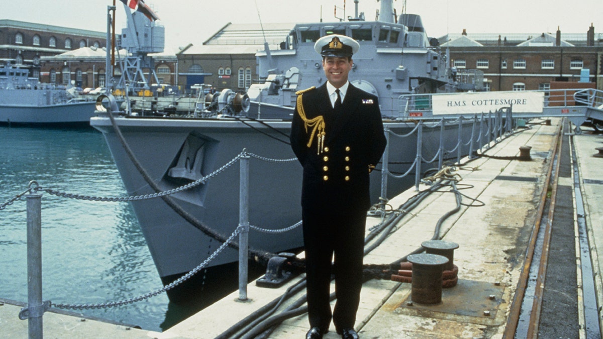 Prince Andrew posing in his Navy uniform after becoming the captain of the Royal Navy minehunter HMS Cottesmore in 1993.