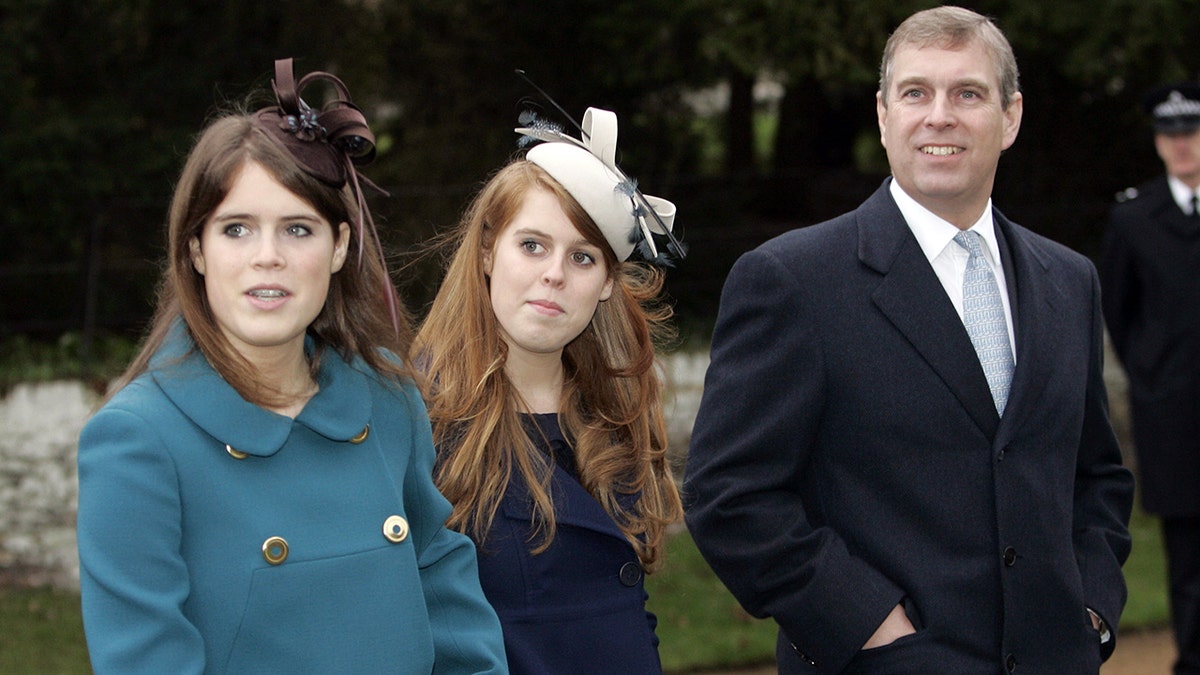 Princess Eugenie and Beatrice with their dad, Prince Andrew at the Sandringham church service on Christmas Day in 2006.