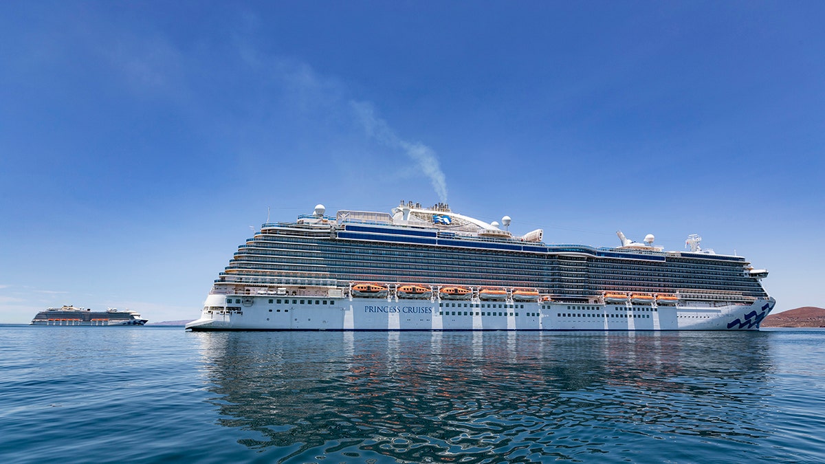 Princess cruise ship seen anchored off the Bahia de la Paz.