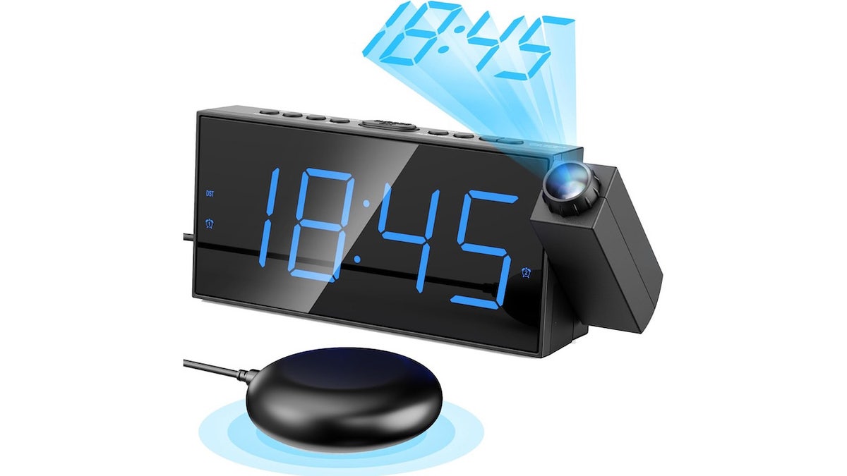 Wake up to a loud alarm, vibration and ceiling projection.