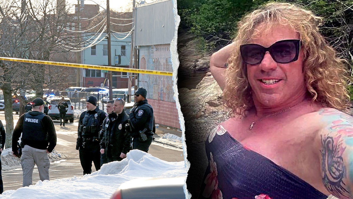 Split image of police at Rhode Island rink shooting scene and Robert Dorgan in an undated photo.